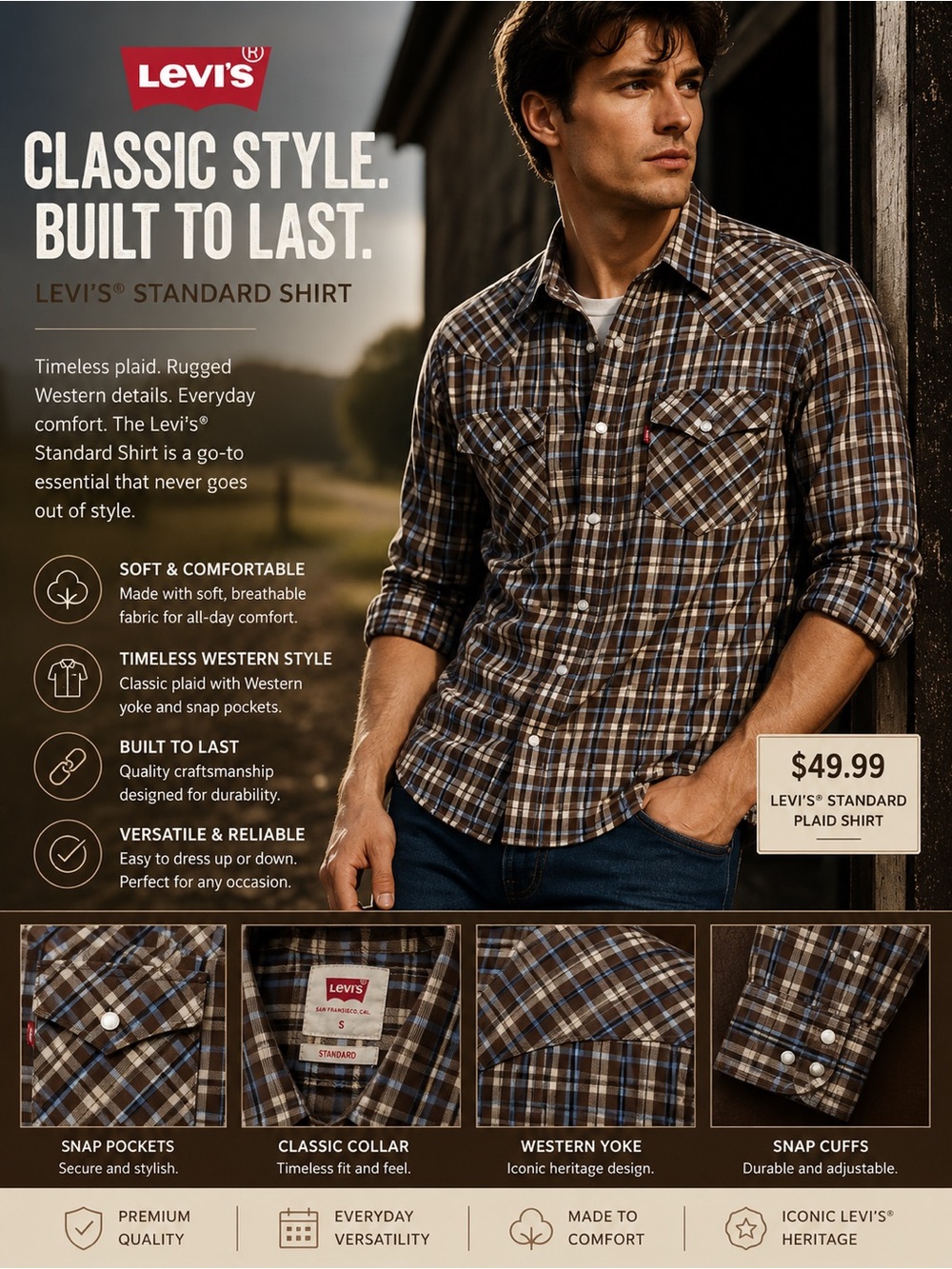 Levi's Men's Brown and Blue Plaid Button-Down Shirt size small